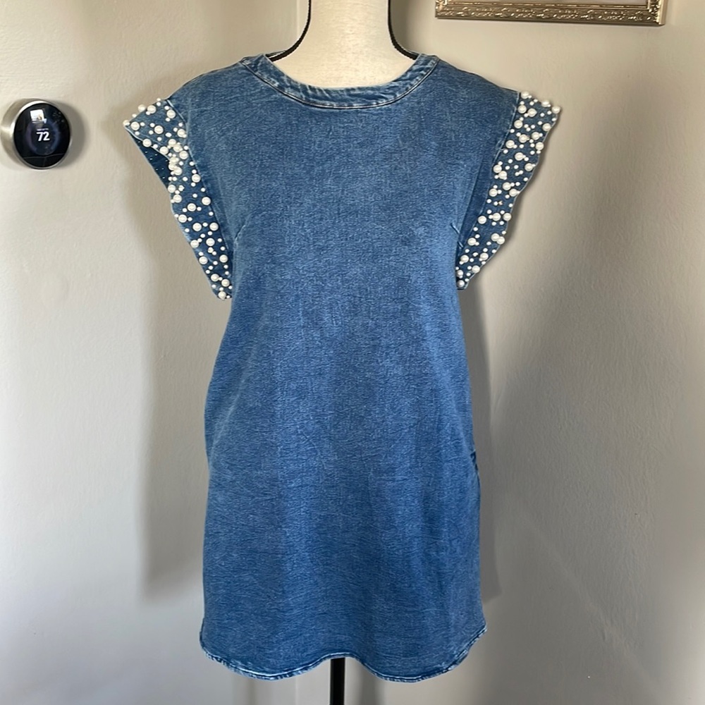 PASTEL denim dress with pearls and jewels